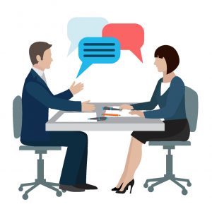 Graphic of man and woman talking at table with conversation bubbles