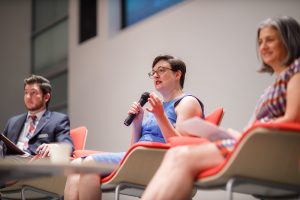 Moderator Brandon Toth (left) and panelists Julie Sweetland (middle) and Sonya Schwartz (right)