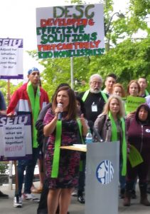 Teresa Mosqueda speaking at the SHSC rally